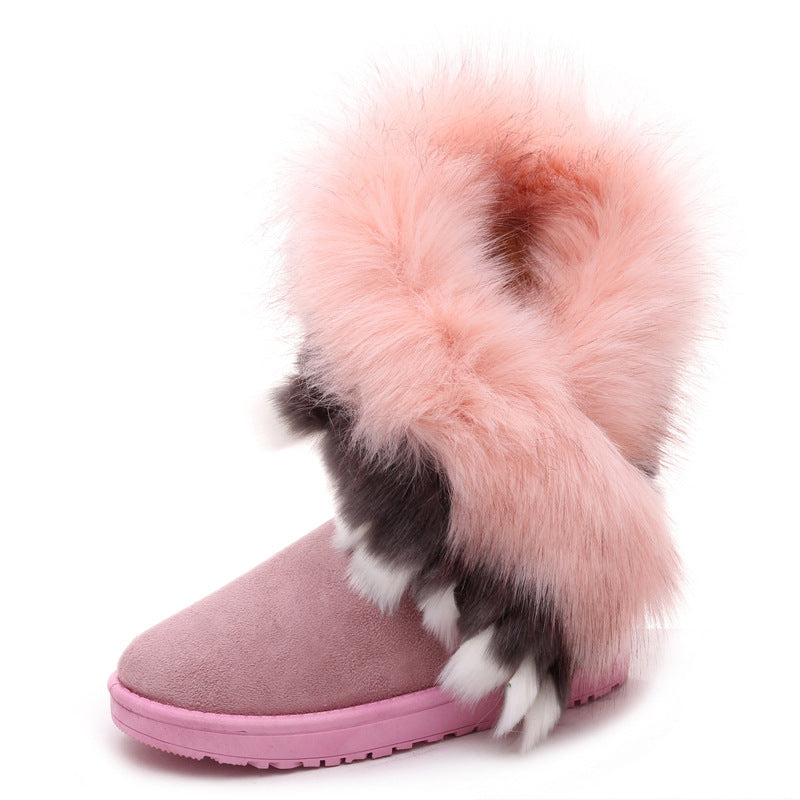 Oversized fox fur thick-soled non-slip boots tassel rabbit fur snow boots women's shoes