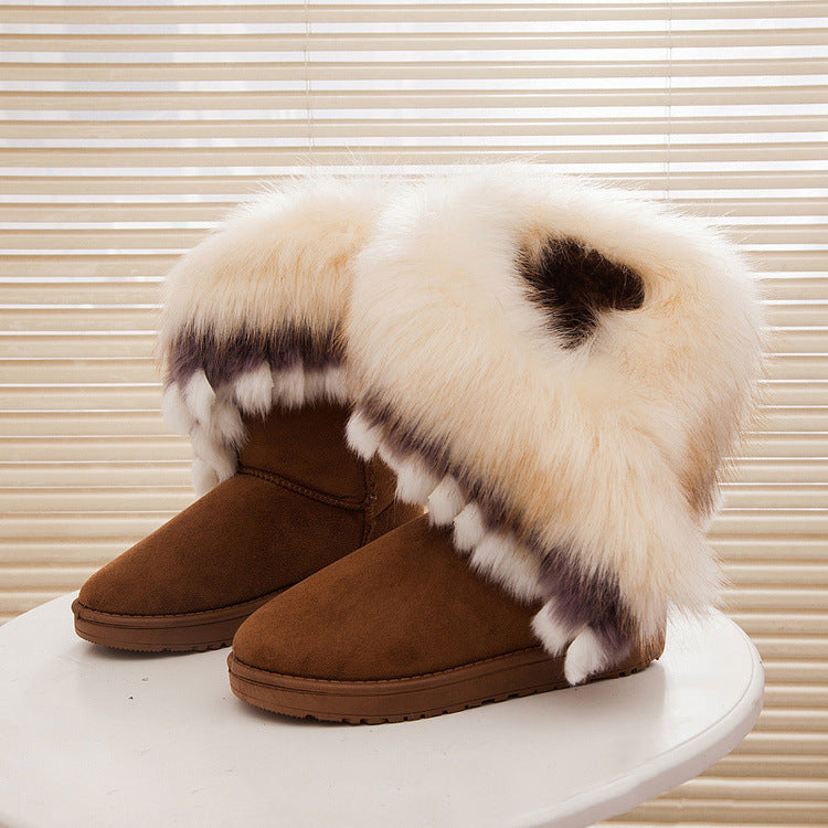 Oversized fox fur thick-soled non-slip boots tassel rabbit fur snow boots women's shoes