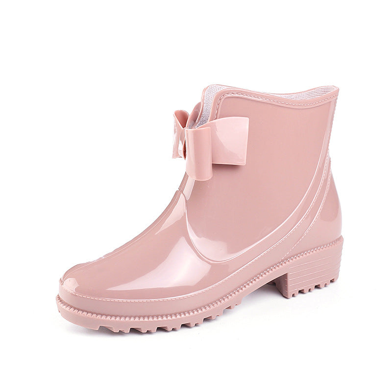 Short Tube Women's Rain Boots Waterproof Non-Slip Flat-Heeled Plastic Bow Rain Boots
