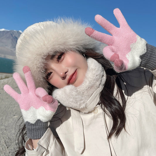 Autumn And Winter Contrast Color Cute Plus Velvet Knitted Gloves Women