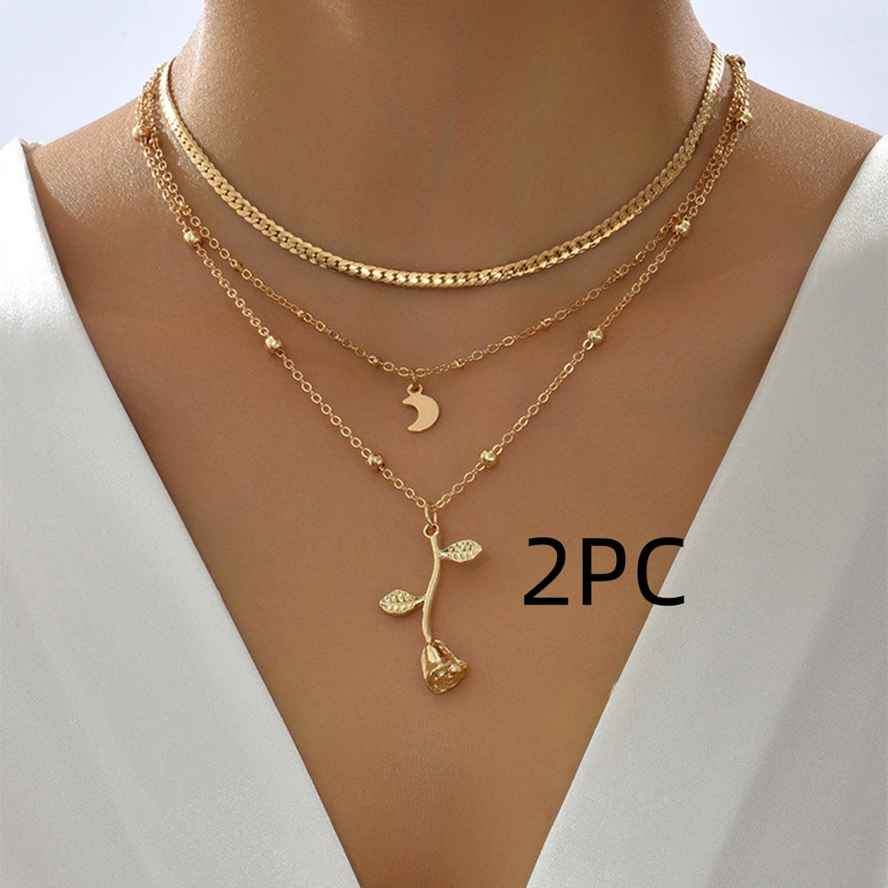 Bohemia Multilayer Moon Gold Color Pendant Necklaces For Women Rose Flower Choker Necklace 2025 Fashion Jewelry Party Gift Valentine's Day Gifts