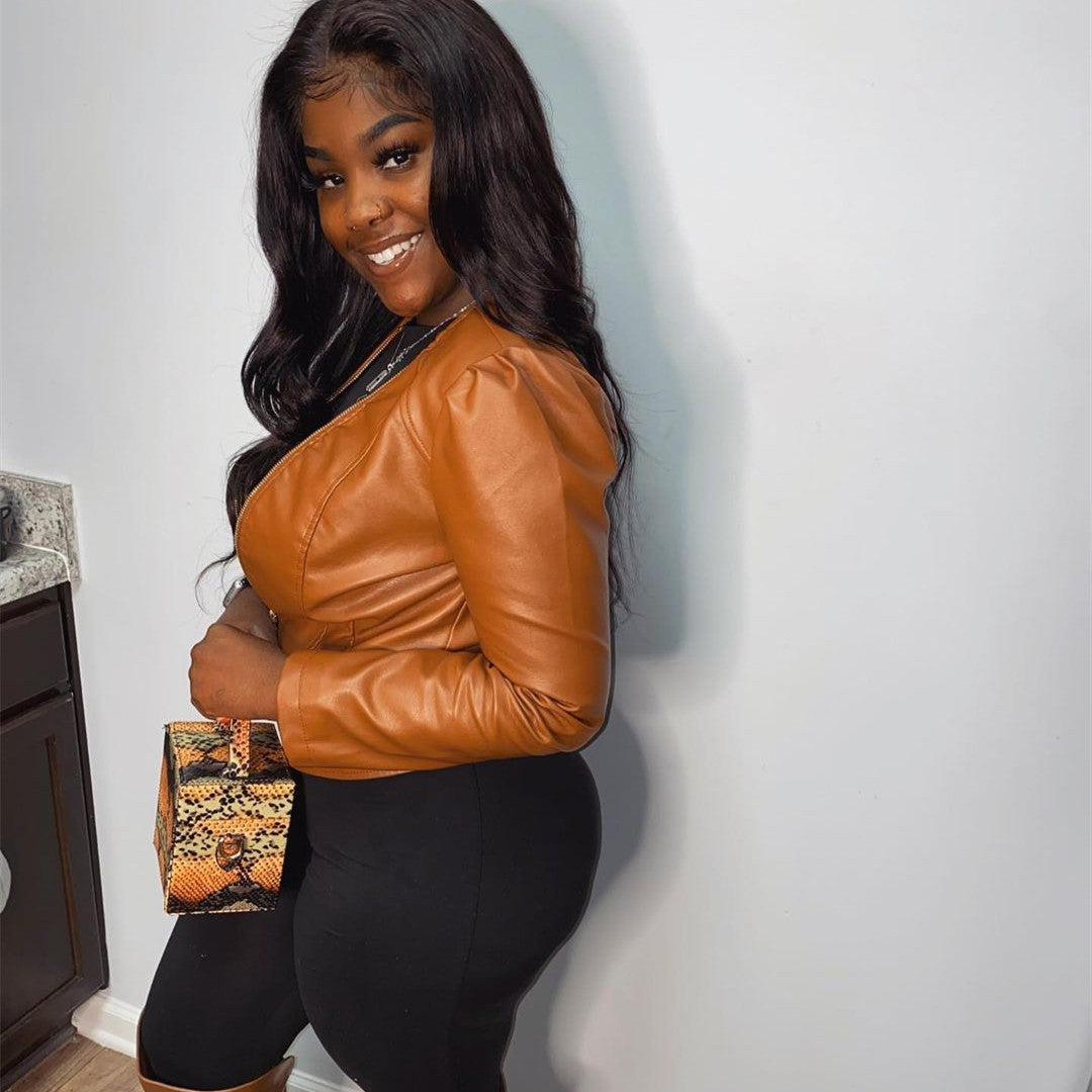 Women's Fashion Casual Slim Short Leather Jacket