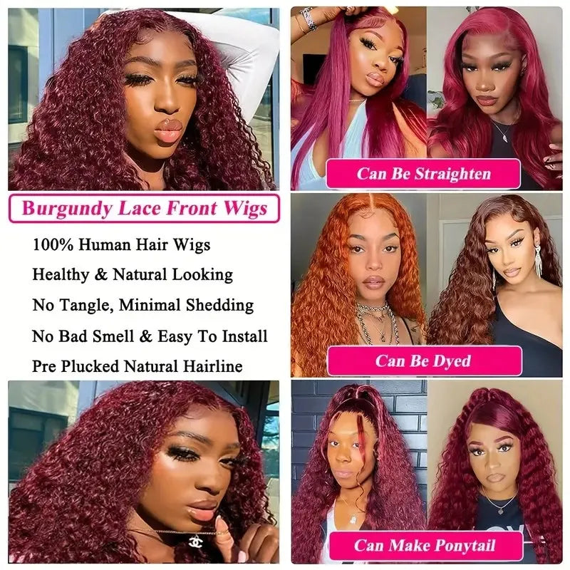 Red Colored Burgundy 200% Deep Wave Wigs